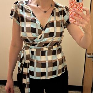 Banana Republic plaid blue and brown blouse, 100% silk, small petite